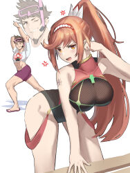 Rule 34 | 1boy, 1girl, absurdres, anger vein, arm tattoo, beard, bent over, black one-piece swimsuit, breasts, brown hair, character print, chest jewel, cosplay, cowboy shot, facial hair, father and daughter, flexing, flip-flops, glimmer (xenoblade), hairband, highres, large breasts, long hair, male swimwear, medaman, one-piece swimsuit, ponytail, pyra (pro swimmer) (xenoblade), pyra (xenoblade), pyra (xenoblade) (cosplay), sandals, sidelocks, snorkel, swept bangs, swim trunks, swimsuit, tattoo, tora (best girl fan) (xenoblade 2), tora (xenoblade 2), tora (xenoblade 2) (cosplay), two-tone hairband, very long hair, xenoblade chronicles (series), xenoblade chronicles 3, xenoblade chronicles 3: future redeemed