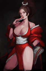 Rule 34 | 1girl, absurdres, bare shoulders, black background, breasts, brown eyes, brown hair, cleavage, commentary, dramz, english commentary, fatal fury, folded fan, folding fan, half-closed eye, hand fan, high ponytail, highres, huge breasts, in mouth, japanese clothes, large breasts, lips, looking at viewer, ninja, object kiss, one eye closed, parted bangs, parted lips, ponytail, realistic, revealing clothes, sash, shiranui mai, solo, standing, the king of fighters, white sash
