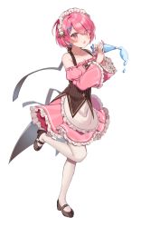 Rule 34 | 1girl, absurdres, anzu 1026, brown footwear, commentary, dress, eyes visible through hair, full body, hair ornament, highres, light blush, long sleeves, maid headdress, mary janes, open mouth, pantyhose, pastry bag, pink dress, pink eyes, pink hair, ram (re:zero), re:zero kara hajimeru isekai seikatsu, shoes, short hair, simple background, solo, standing, standing on one leg, symbol-only commentary, white background, x hair ornament