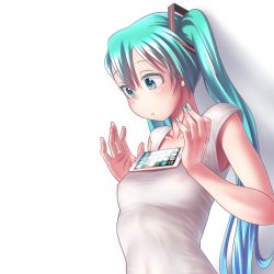 Rule 34 | 00s, 1girl, aqua eyes, aqua hair, aqua nails, breast conscious, breasts, cellphone, collarbone, covered erect nipples, earrings, fingernails, from side, hair ornament, hands up, hatsune miku, highres, jewelry, light frown, long hair, looking down, meme, nail polish, phone, see-through, shirt, sleeveless, sleeveless shirt, small breasts, smartphone, solo, stud earrings, tank top, tawawa challenge, twintails, vocaloid, white background, white shirt, wokada