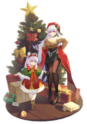 Rule 34 | 2girls, absurdres, alternate costume, antlers, azur lane, belfast (azur lane), belfast (shopping with the head maid) (azur lane), boots, breasts, capelet, christmas, christmas ornaments, christmas tree, dress, fake antlers, full body, fur-trimmed capelet, fur-trimmed dress, fur trim, gift, hairband, hat, high heels, highres, horns, jiexue, large breasts, le malin (azur lane), manjuu (azur lane), multiple girls, off-shoulder sweater, off shoulder, official alternate costume, pantyhose, pencil skirt, reindeer antlers, shawl, skirt, sweater