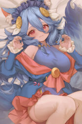 Rule 34 | 1girl, :3, animal ear fluff, animal ears, arcadia zero, bare shoulders, blue hair, blush, breasts, claw pose, closed mouth, collared dress, commission, dress, frilled dress, frilled hairband, frilled sleeves, frills, hair between eyes, hair ornament, hairband, highres, indie virtual youtuber, large breasts, long hair, long sleeves, looking at viewer, lying, metatarou, on back, red eyes, skeb commission, smile, solo, tail, thighhighs, virtual youtuber, yellow thighhighs