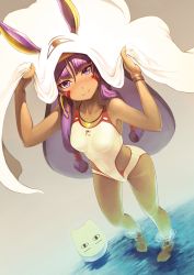 Rule 34 | 1girl, animal ears, arms up, bare arms, bare shoulders, blush, breasts, brown background, casual one-piece swimsuit, closed mouth, collarbone, commentary request, cosplay, dark-skinned female, dark skin, dutch angle, facial mark, fate/grand order, fate (series), hair between eyes, jackal ears, jewelry, kickboard, long hair, looking at viewer, medium breasts, medjed (fate), medjed (fate) (cosplay), nitocris (fate), nitocris (fate/grand order), nitocris (swimsuit assassin) (fate), nitocris (swimsuit assassin) (second ascension) (fate), nose blush, one-piece swimsuit, pendant, pixiv fate/grand order contest 2, purple eyes, purple hair, revision, smile, solo, standing, swimsuit, very long hair, wading, water, white one-piece swimsuit, yoka1chi
