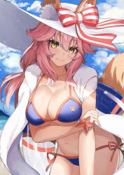 Rule 34 | 1girl, animal ear fluff, animal ears, bare shoulders, beach, bikini, blue bikini, blue sky, blush, bracelet, breasts, cleavage, collarbone, commentary request, fate/grand order, fate (series), fox ears, fox girl, fox tail, hat, innertube, jewelry, large breasts, long hair, looking at viewer, navel, neko daruma, pink hair, sidelocks, sky, smile, solo, sun hat, swim ring, swimsuit, tail, tamamo (fate), tamamo no mae (fate/extra), tamamo no mae (swimsuit lancer) (fate), tamamo no mae (swimsuit lancer) (second ascension) (fate), white hat, yellow eyes