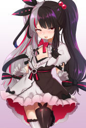 Rule 34 | 1girl, :d, animal ear legwear, asymmetrical legwear, black hair, blush, bow, bowtie, brown thighhighs, cleavage cutout, clothing cutout, dress, flat chest, gloves, gradient background, grey dress, grey gloves, grey hair, hair bobbles, hair bow, hair ornament, highres, long hair, looking at viewer, mismatched legwear, multicolored hair, nijisanji, open mouth, puffy short sleeves, puffy sleeves, rabbit ear legwear, red bow, red bowtie, red eyes, sash, short sleeves, smile, solo, standing, streaked hair, thighhighs, twintails, two-tone hair, utsusumi kio, very long hair, virtual youtuber, white thighhighs, yorumi rena, yorumi rena (1st costume)