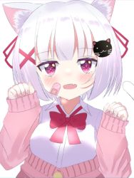 Rule 34 | 1girl, :d, animal ears, ashitaba kemo, bandaid, bandaid on cheek, bandaid on face, blush, bow, breasts, cardigan, cat ears, cat girl, cat hair ornament, cat tail, collared shirt, commentary request, dress shirt, fang, hair ornament, hair ribbon, hairclip, highres, long sleeves, medium breasts, nail polish, off shoulder, open mouth, original, pink cardigan, pink nails, purple eyes, red bow, red ribbon, ribbon, shirt, simple background, sleeves past wrists, smile, solo, tail, upper body, white background, white hair, white shirt, x hair ornament