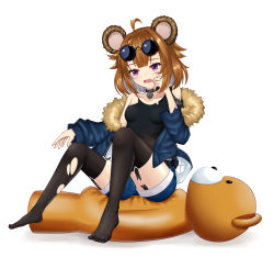Rule 34 | absurdres, aged down, animal ears, breasts, brown hair, eyewear on head, girls&#039; frontline, grizzly mkv (girls&#039; frontline), grizzly mkv (teddy transform!) (girls&#039; frontline), highres, jacket, official alternate costume, open mouth, purple eyes, short hair, small breasts, solo, stuffed animal, stuffed toy, sunglasses, tears, teddy bear, thighhighs, torn clothes, torn thighhighs