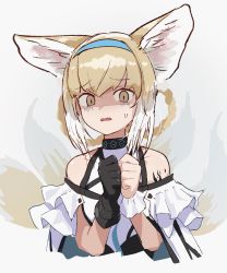 Rule 34 | 1girl, absurdres, animal ears, arknights, black gloves, blue hairband, disgust, drawdrawdeimos, fox ears, fox girl, gloves, hair rings, hairband, highres, infection monitor (arknights), material growth, oripathy lesion (arknights), shaded face, simple background, single glove, solo, suzuran (arknights), upper body, white background