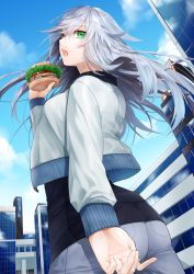 Rule 34 | 1girl, ass, black shirt, breasts, building, burger, cloud, commentary request, cowboy shot, cropped jacket, day, eyes visible through hair, food, green eyes, grey pants, hair between eyes, hand up, heterochromia, holding, holding food, jacket, long hair, long sleeves, looking at viewer, looking back, messy hair, open clothes, open jacket, open mouth, original, pants, shirt, sidelocks, silver hair, sky, sleeve cuffs, small breasts, solo, teeth, tongue, unzipped, upper teeth only, waka (shark waka), white jacket, yellow eyes
