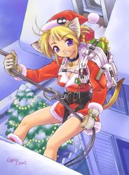 Rule 34 | 00s, 1girl, 2003, animal ears, artist name, backpack, bag, bell, neck bell, blonde hair, breasts, building, cat ears, cat tail, christmas, christmas tree, cleavage, climbing, collar, ebifly, harness, jingle bell, looking at viewer, purple eyes, rope, santa costume, small breasts, snow, solo, tail, teeth, winter