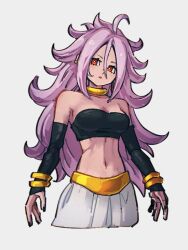 Rule 34 | 1girl, ahoge, android 21, bare shoulders, bracelet, breasts, choker, cleavage, dragon ball, dragon ball fighterz, grey background, hair between eyes, jewelry, kemachiku, long hair, looking at viewer, majin android 21, medium breasts, midriff, navel, pink hair, red eyes, simple background, solo, yellow choker