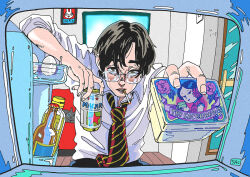 Rule 34 | 1boy, beer bottle, beer can, black hair, box, can, cat, cigarette, collared shirt, drink can, egg, elbow rest, glasses, grabbing, holding, holding can, indoors, kaneoya sachiko, leaning forward, male focus, mouth hold, necktie, original, outstretched arm, parted bangs, parted lips, reaching, reaching towards viewer, refrigerator, shirt, smoking, striped necktie, yellow eyes, yoiko yokochou