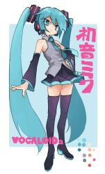 Rule 34 | 1girl, aqua eyes, aqua hair, aqua necktie, black footwear, blush, boots, character name, commentary request, copyright name, detached sleeves, full body, hair ornament, hand on own hip, hatsune miku, headset, kasa (hitori sanka), long hair, necktie, pleated skirt, shirt, skirt, sleeveless, sleeveless shirt, smile, solo, standing, thigh boots, thighhighs, translated, twintails, very long hair, vocaloid