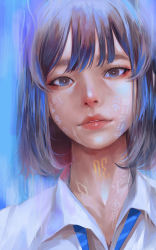 Rule 34 | 1girl, blue eyes, blue hair, body writing, clothes writing, collarbone, eyelashes, eyeshadow, highres, long eyelashes, looking at viewer, makeup, original, painterly, parted lips, pink lips, portrait, red eyeshadow, short hair, solo, striped, upper body, wataboku