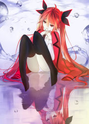 Rule 34 | 1girl, ahoge, black ribbon, black thighhighs, bubble, date a live, fang, hair ornament, hair ribbon, itsuka kotori, jacket, jacket on shoulders, long hair, panties, red eyes, red hair, reflection, ribbon, senya fuurin, smile, solo, steepled fingers, thighhighs, thighs, twintails, underwear, white panties
