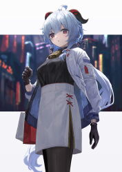 Rule 34 | 1girl, absurdres, ahoge, alternate costume, bag, bell, black gloves, black pantyhose, black shirt, blue hair, commentary request, contemporary, cowbell, ebiri fy, ganyu (genshin impact), genshin impact, gloves, goat horns, highres, horns, jacket, long hair, long sleeves, looking at viewer, medium skirt, pantyhose, parted lips, partial commentary, red eyes, shirt, shopping bag, side slit, skirt, solo, very long hair, white jacket, white skirt