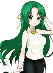Rule 34 | 1girl, arm up, bare shoulders, black skirt, breasts, commentary request, green eyes, green hair, half updo, highres, higurashi no naku koro ni, large breasts, long hair, looking at viewer, parted bangs, ribbed sweater, ribbon, simple background, skirt, solo, sonozaki shion, sweater, takae (poupee en biscuit), turtleneck, turtleneck sweater, white background, white sweater, wristband, yellow ribbon