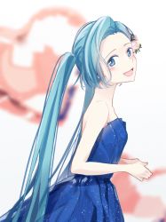 Rule 34 | agonasubi, aqua eyes, aqua hair, bare shoulders, blue dress, blurry, blurry background, blush, commentary, dress, flower, forehead, from side, hair flower, hair ornament, hatsune miku, heart, highres, long hair, looking at viewer, looking to the side, open mouth, own hands together, smile, solo, strapless, strapless dress, swept bangs, twintails, very long hair, vocaloid