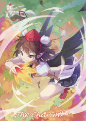 Rule 34 | 2girls, bird wings, black feathers, black hair, black skirt, black wings, closed mouth, commentary, feathers, geta, hat, hauchiwa, holding, holding sword, holding weapon, inubashiri momiji, multiple girls, pointy ears, pom pom (clothes), red footwear, red headwear, ribbon-trimmed skirt, ribbon trim, shameimaru aya, shield, shirt, short hair, short sleeves, skirt, solo focus, sword, tarot, tokin hat, touhou, vikramjoti, weapon, white hair, white shirt, wings