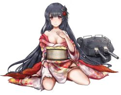 Rule 34 | 10s, 1girl, bare shoulders, black hair, blush, breasts, broken, burnt clothes, cannon, cleavage, collarbone, floral print, flower, frown, full body, fusou (kancolle), hair flower, hair ornament, hairpin, hand on own chest, japanese clothes, kantai collection, kimono, long hair, long sleeves, looking at viewer, machinery, new year, obi, official art, open clothes, open kimono, red eyes, rikka (rikka331), sash, sitting, solo, torn clothes, transparent background, turret, very long hair, wide sleeves
