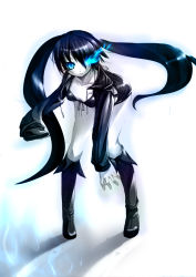 Rule 34 | 10s, 1girl, bikini, black hair, black rock shooter, black rock shooter (character), blue eyes, boots, breasts, female focus, full body, glowing, glowing eyes, gradient background, long hair, nekomu, shorts, solo, swimsuit, twintails, white background