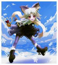 Rule 34 | 1girl, ahoge, animal ears, black pantyhose, breath, cloud, day, female focus, flying, gloves, heart, ishikkoro, leaning forward, looking at viewer, mosue, mouse (animal), mouse ears, mouse tail, nazrin, open mouth, pantyhose, red eyes, scarf, short hair, silver hair, sky, smile, snowflakes, solo, tail, touhou, valentine