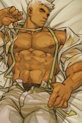 Rule 34 | 1boy, abs, bara, bed sheet, brown male underwear, closed mouth, highres, large pectorals, looking at viewer, lying, male focus, male underwear, muscular, muscular male, nipple piercing, on back, on bed, open clothes, open fly, open shirt, original, pants, pectorals, piercing, removing necktie, see-through, see-through shirt, shirt, short hair, short sleeves, solo, suspenders, thick navel hair, thumb in beltline, underwear, white hair, white pants, white shirt, xian miao