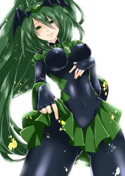 Rule 34 | 10s, 1girl, ajicox, ajiko (ajicox), backlighting, bad end march, bad end precure, black bodysuit, bodysuit, breasts, clothes lift, covered erect nipples, dark persona, dress, fingerless gloves, from below, gloves, green dress, green eyes, green hair, green skirt, large breasts, long hair, matching hair/eyes, ponytail, precure, skirt, skirt lift, smile, smile precure!, solo, tiara, white background