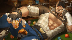 Rule 34 | 1boy, abs, antonio (gyee), arm hair, bandages, bara, bare pectorals, billiards, brown gloves, brown hair, bulge, bursting pectorals, chest hair, chest harness, chest tattoo, cigar, cup, denim, drinking glass, earrings, facial hair, fingerless gloves, gloves, goatee, gomtang, gyee, harness, highres, jeans, jewelry, large pectorals, leather, lying, male focus, muscular, muscular male, navel, nipple slip, nipples, official art, official wallpaper, on side, pants, pectoral cleavage, pectorals, pool table, scarf, shirt, short hair, sideburns, smoke, smoking, solo, spiked hair, stomach, table, tattoo, thick thighs, thighs, tight clothes, tight shirt, torn clothes, torn pants, wine glass