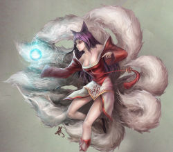 Rule 34 | 1girl, ahri (league of legends), animal ears, bare shoulders, breasts, cleavage, energy ball, foliage, fox ears, fox tail, korean clothes, league of legends, long hair, multiple tails, purple hair, solo, tail, tassel