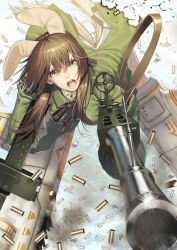 Rule 34 | 1girl, animal ears, brown eyes, brown hair, dog ears, dog tail, double-drum magazine, drum magazine, general-purpose machine gun, gertrud barkhorn, gun, high-capacity magazine, long hair, looking at viewer, machine gun, magazine (weapon), mg42, military, military uniform, ogino (oginogino), open mouth, panties, saddle-drum, shell casing, solo, strike witches, striker unit, tail, torn clothes, twintails, underwear, uniform, weapon, world witches series