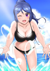 Rule 34 | 1girl, bikini, black bikini, blue hair, blue sky, breasts, cloud, collarbone, cowboy shot, day, highres, large breasts, leaning forward, long hair, looking at viewer, love live!, love live! sunshine!!, matsuura kanan, navel, noichi513, ocean, open hands, outstretched arms, ponytail, purple eyes, sidelocks, skindentation, sky, solo, splashing, sunlight, swimsuit, water, water drop, wet