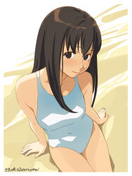 Rule 34 | 1girl, artist name, baba arumi, bare arms, bare shoulders, black eyes, border, brown hair, closed mouth, commentary request, cowboy shot, dated, expressionless, hate shinaku aoi kono sora no shita de...., long hair, looking at viewer, on ground, one-piece swimsuit, paid reward available, sand, sitting, solo, swimsuit, white border, white one-piece swimsuit, yoshino amane
