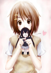 Rule 34 | 1girl, :&lt;, artist request, black hair, brown eyes, brown hair, character doll, dokyuu afro, doll, hair ornament, hairclip, heart, highres, hirasawa yui, holding, k-on!, nakano azusa, o o, school uniform, short hair, skirt, solo, sweater vest, twintails