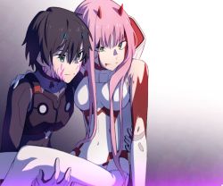 Rule 34 | 10s, 1boy, 1girl, bad id, bad twitter id, black bodysuit, black hair, blood, blood from mouth, blood on face, blue horns, bodysuit, breasts, carrying, commentary request, couple, darling in the franxx, gloves, green eyes, hand on another&#039;s leg, hand on another&#039;s waist, hetero, hiro (darling in the franxx), horns, leje39, long hair, medium breasts, oni horns, pilot suit, pink hair, princess carry, red horns, scar, scar on face, short hair, torn bodysuit, torn clothes, white bodysuit, white gloves, zero two (darling in the franxx)