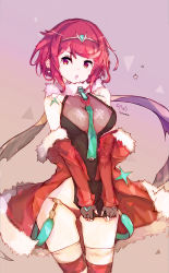 Rule 34 | 1girl, artist name, bad id, bad pixiv id, blush, breasts, christmas, fingerless gloves, gloves, highres, jewelry, large breasts, navel, nintendo, open mouth, panties, potssmann, pyra (xenoblade), red eyes, red hair, revision, short hair, simple background, solo, tiara, underwear, xenoblade chronicles (series), xenoblade chronicles 2, xenoblade chronicles (series), xenoblade chronicles 2