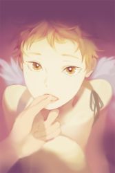 Rule 34 | 1boy, angel wings, brown eyes, brown hair, fake wings, finger in own mouth, looking at viewer, male focus, matching hair/eyes, men (pixiv), nude, open mouth, original, ribbon, solo, solo focus, upper body, wings