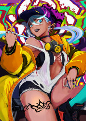 Rule 34 | 1girl, absurdres, baseball cap, blue hair, breasts, choker, cleavage, dark-skinned female, dark skin, disembodied limb, earrings, graffiti, green eyes, hat, highres, isla (kof), jacket, jewelry, leg tattoo, light blue hair, long hair, looking at viewer, mask, mask around neck, multicolored hair, open mouth, oversized clothes, ponytail, respirator, solo, tattoo, the king of fighters, the king of fighters xv, yuu (primenumber7)