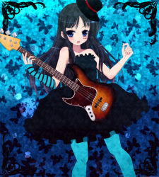 Rule 34 | 00s, 1girl, akiyama mio, bad id, bad pixiv id, bass guitar, black hair, blue eyes, blue pantyhose, blunt bangs, don&#039;t say &quot;lazy&quot;, dress, elbow gloves, facepaint, fingerless gloves, gloves, hat, hime cut, instrument, k-on!, kay, kay (utd), long hair, mini hat, mini top hat, pantyhose, single glove, solo, striped, top hat