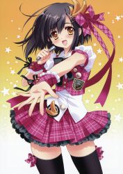 Rule 34 | 1girl, absurdres, black hair, black thighhighs, blush, bow, brown eyes, carnelian, dress shirt, female focus, hair ornament, hairclip, highres, lace, lace-trimmed skirt, lace trim, lapel pin, microphone, miniskirt, original, outstretched hand, patch, pin, plaid, plaid ribbon, plaid skirt, plaid vest, pleated skirt, purple skirt, ribbon, scan, shirt, short hair, skirt, smile, solo, star (symbol), thighhighs, vest, wrist cuffs, zettai ryouiki