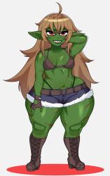 Rule 34 | 1girl, blonde hair, breasts, colored skin, female focus, female goblin, goblin, green skin, grey background, highres, long hair, pointy ears, red eyes, scar, shadow, sharp teeth, shortstack, small breasts, solo, standing, strongmoist, teeth, thick thighs, thighs, torn clothes, wide hips