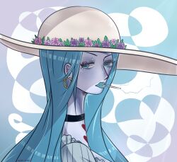 Rule 34 | 1girl, ayat chan, black choker, blue eyes, blue lips, blue theme, charlotte amande, choker, cigarette, close-up, commentary, earrings, english commentary, flower, hat, jewelry, large hat, long hair, looking at viewer, one piece, sidelocks, smoke, solo, straight hair, white hat