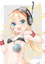 Rule 34 | 1girl, absurdres, ahoge, albacore (azur lane), arms at sides, azur lane, bikini, bikini tug, blonde hair, breasts, collarbone, fang, green hair, headphones, highres, long hair, looking at viewer, lr (last remote 514), navel, open mouth, simple background, small breasts, solo, swimsuit