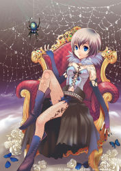 Rule 34 | blue eyes, boots, bug, butterfly, elbow gloves, fingerless gloves, flower, gloves, inoue takako, insect, original, ribbon, rose, silk, silver hair, sitting, solo, spider, spider web, throne