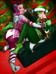 Rule 34 | 2girls, absurdres, alternate color, alternate costume, arched back, armchair, ass, belt, belt buckle, brown hair, buckle, chair, chest harness, christmas, christmas tree, closed mouth, couch, dark-skinned female, dark skin, gloves, goggles, grabbing, grabbing another&#039;s breast, gradient hair, green eyes, green gloves, green legwear, harness, hat, highres, holding, holding mistletoe, indoors, jingle tracer, kairunoburogu, legs up, looking at viewer, mistletoe, multicolored hair, multiple girls, official alternate costume, overwatch, overwatch 1, pantyhose, parted lips, peppermint sombra, purple hair, purple legwear, revision, santa hat, sitting, soles, sombra (overwatch), standing, tracer (overwatch), yuri