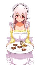 Rule 34 | 1girl, absurdres, apron, breasts, candy, chocolate, chocolate heart, food, frills, headphones, heart, highres, large breasts, long hair, looking at viewer, nitroplus, open mouth, pink hair, red eyes, simple background, super sonico, tsuji santa, white background