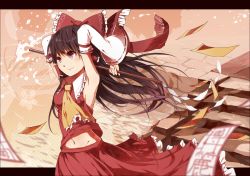 Rule 34 | 1girl, aji77, armpits, arms up, ascot, bad id, bad pixiv id, bow, brown hair, detached sleeves, female focus, gohei, hair bow, hair tubes, hakurei reimu, japanese clothes, letterboxed, long hair, midriff, miko, navel, red eyes, shirt, skirt, skirt set, smile, solo, spell card, touhou