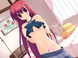 Rule 34 | 1girl, annoyed, bare shoulders, bed, bedroom, black shirt, blush, bow, bow panties, breasts, brown eyes, clothes lift, clothes pull, collarbone, curtains, daita shouko, flower, game cg, grey skirt, hair ornament, hairclip, halterneck, hidamari basket, indoors, kiba satoshi, lamp, large breasts, long hair, looking at viewer, midriff, navel, panties, picture frame, pillow, pink panties, plaid, plaid skirt, red bow, red hair, rose, shirt, shirt lift, skirt, skirt pull, solo, stuffed animal, stuffed duck, stuffed toy, sweat, teddy bear, underboob, underwear, undressing, window