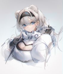 Rule 34 | 1girl, animal ears, arknights, artist name, aurora (arknights), bear ears, black gloves, black hairband, blue eyes, blush, breasts, cleavage, closed mouth, crop top, cropped torso, eyes visible through hair, gloves, gradient background, grey background, hair ornament, hair over one eye, hairband, hairclip, hand in own hair, high collar, highres, irisrey, large breasts, long hair, long sleeves, looking at viewer, puffy long sleeves, puffy sleeves, silver hair, solo, unzipped, upper body