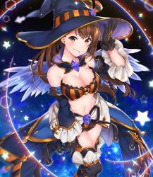 Rule 34 | 1girl, arm at side, asymmetrical bangs, bandeau, bare shoulders, beatrix (granblue fantasy), black gloves, blush, breasts, brown eyes, brown hair, cleavage, detached collar, detached sleeves, frilled sleeves, frills, gloves, granblue fantasy, grin, hat, hexagon, long hair, long sleeves, maru (sw1tch), medium breasts, navel, smile, solo, star (symbol), striped clothes, striped legwear, striped thighhighs, thighhighs, twitter username, very long hair, white wings, wings, witch, witch hat